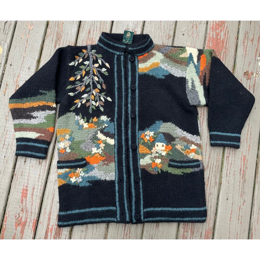 Vintage 80's Dobrila Cardigan Women's Wool Sweater coat handknit tree Oversized - Picture 1 of 16